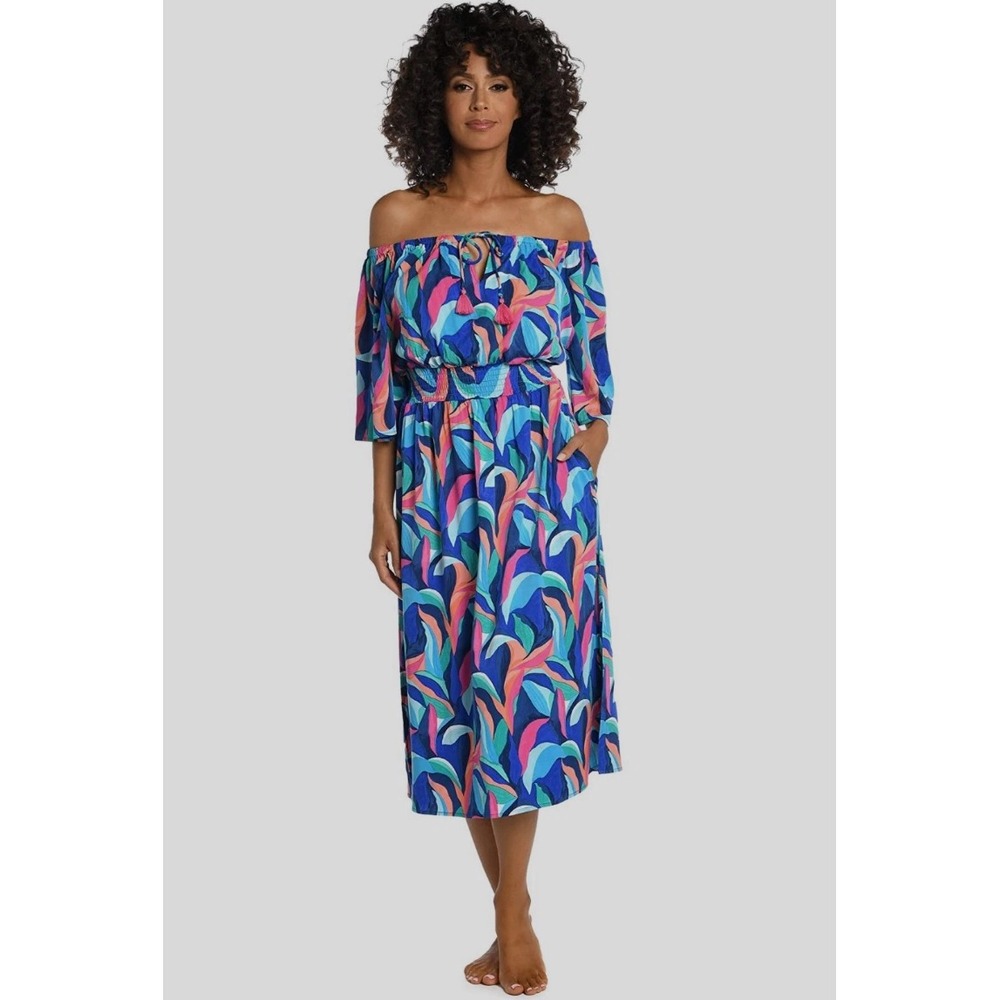 La Blanca Tropical Print Off Shoulder Smocked Waist Midi Dress Coverup Blue SM